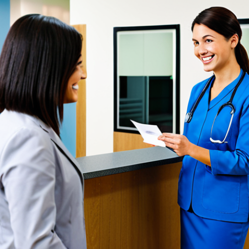 Home 13 "In-Network Provider - Peace of Mind"**
A fully clothed, smiling woman is confidently handing her insurance card to a friendly receptionist at a modern doctor's office. The background is bright and clean, with subtle branding of a major U.S. insurance company visible in the waiting room. The scene conveys a sense of calm and security. The woman is wearing appropriate business casual attire. The overall feeling is professional and trustworthy. Safe for work, appropriate content, fully clothed, professional, perfect anatomy, correct proportions, natural pose, well-formed hands, proper finger count, natural body proportions, high quality, clean composition.
**