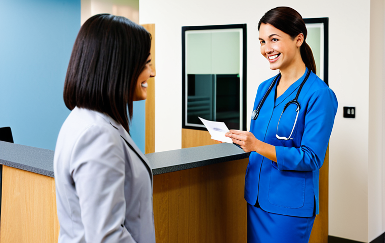 "In-Network Provider - Peace of Mind"**
A fully clothed, smiling woman is confidently handing her insurance card to a friendly receptionist at a modern doctor's office. The background is bright and clean, with subtle branding of a major U.S. insurance company visible in the waiting room. The scene conveys a sense of calm and security. The woman is wearing appropriate business casual attire. The overall feeling is professional and trustworthy. Safe for work, appropriate content, fully clothed, professional, perfect anatomy, correct proportions, natural pose, well-formed hands, proper finger count, natural body proportions, high quality, clean composition.
**