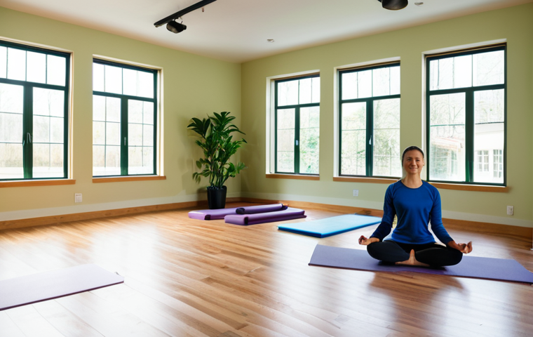 Yoga Studio Interior**
Prompt: "A bright and airy yoga studio filled with people in modest athletic wear practicing yoga poses, fully clothed, natural light streaming through large windows, wooden floors, plants in the background, peaceful atmosphere, safe for work, appropriate content, perfect anatomy, correct proportions, family-friendly, professional photography, high quality."
**