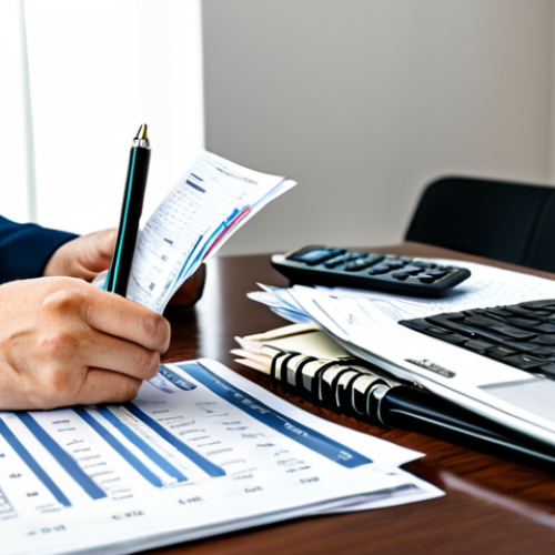 Home 11 Calculating Car Costs**
A person sitting at a desk covered in papers (bills, receipts, loan documents), laptop displaying a spreadsheet with car-related expenses (fuel, insurance, maintenance). Calculator in hand. Modern, well-lit home office. Fully clothed in casual attire. Safe for work. Appropriate content. Professional-grade image, clear focus, natural lighting, realistic rendering. Perfect anatomy, correct proportions.
**