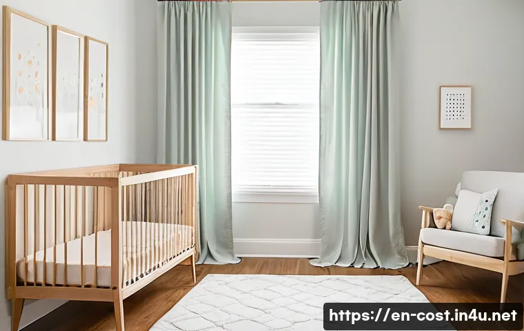 유아용품 구매비용 - A cozy, modern nursery featuring a sturdy, non-toxic wooden crib with a firm mattress, decorated wit...