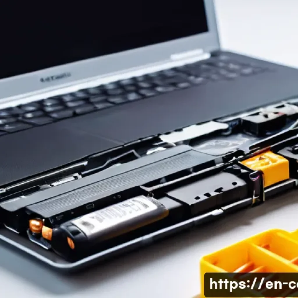 노트북 배터리 교체비용 - A detailed close-up of a laptop battery replacement scene on a clean, well-lit desk: showing a mid-s...