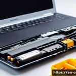 노트북 배터리 교체비용 - A detailed close-up of a laptop battery replacement scene on a clean, well-lit desk: showing a mid-s...