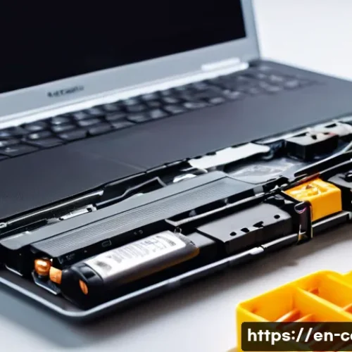 노트북 배터리 교체비용 - A detailed close-up of a laptop battery replacement scene on a clean, well-lit desk: showing a mid-s...