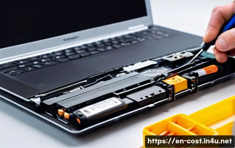 노트북 배터리 교체비용 - A detailed close-up of a laptop battery replacement scene on a clean, well-lit desk: showing a mid-s...