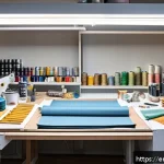 코스프레 의상 비용 - A detailed cosplay workspace scene featuring a variety of budget-friendly materials: rolls of polyes...