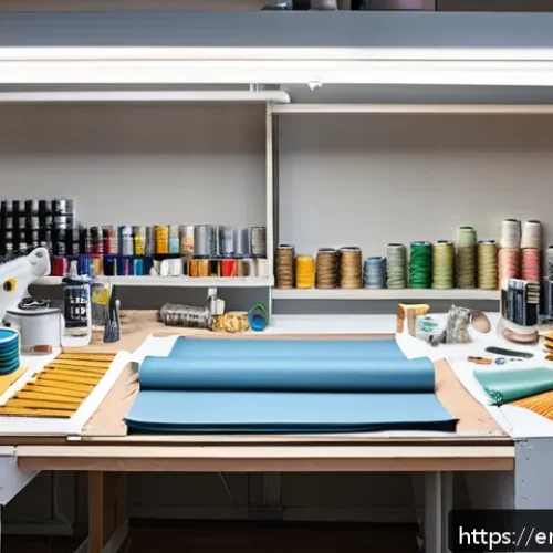 코스프레 의상 비용 - A detailed cosplay workspace scene featuring a variety of budget-friendly materials: rolls of polyes...