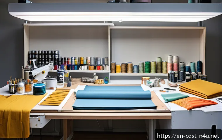 코스프레 의상 비용 - A detailed cosplay workspace scene featuring a variety of budget-friendly materials: rolls of polyes...