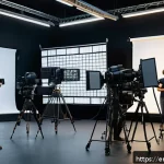 영상 제작 비용 - A bustling professional video production set inside a modern studio, showing a diverse crew actively...