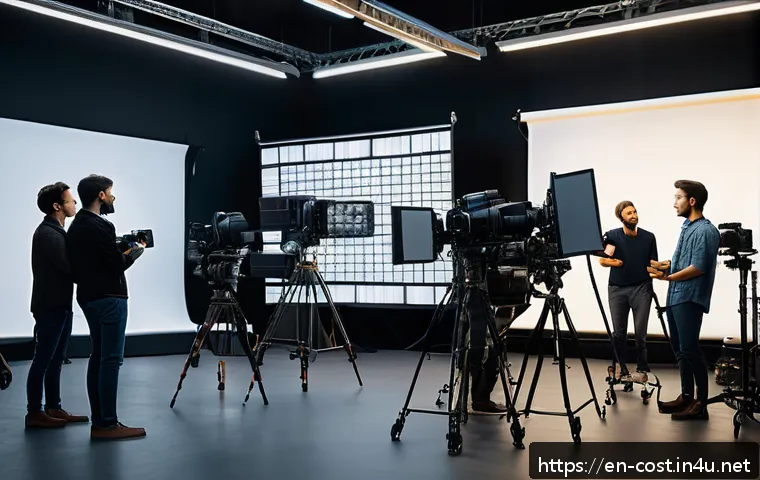 영상 제작 비용 - A bustling professional video production set inside a modern studio, showing a diverse crew actively...