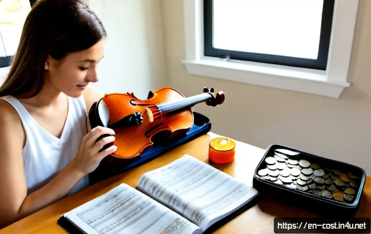 음악 학원비 - Photorealistic home budgeting scene for music lesson costs, an adult parent reviewing a simple house...